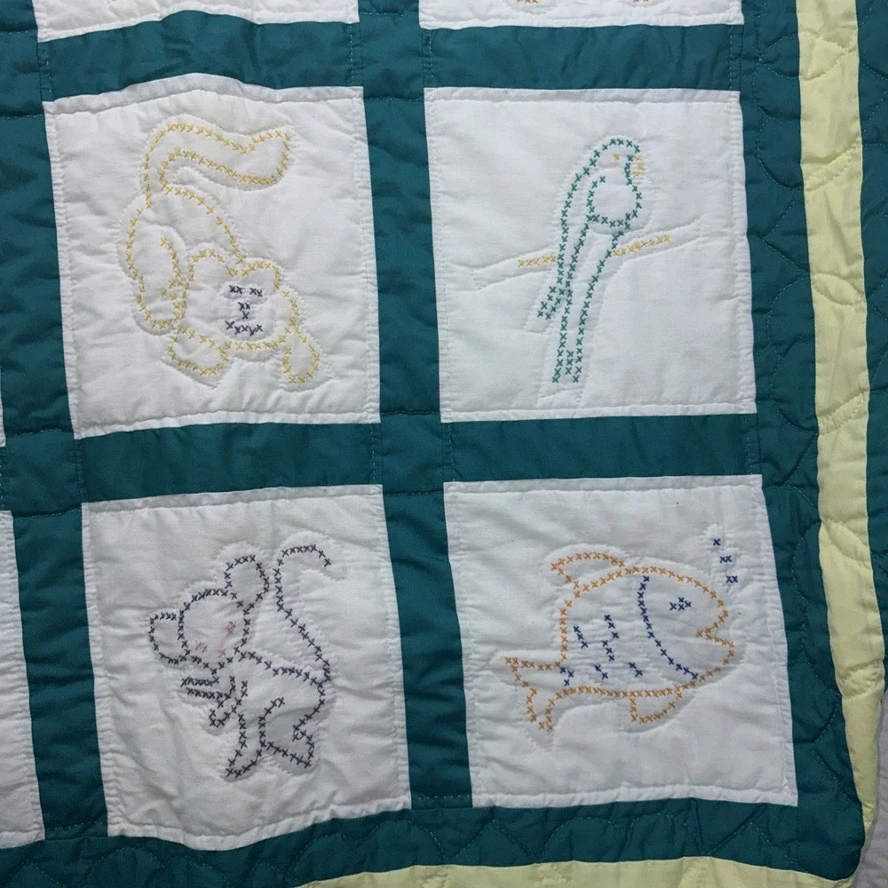 Vintage Cross Stitched Baby Quilt Completed 55X42